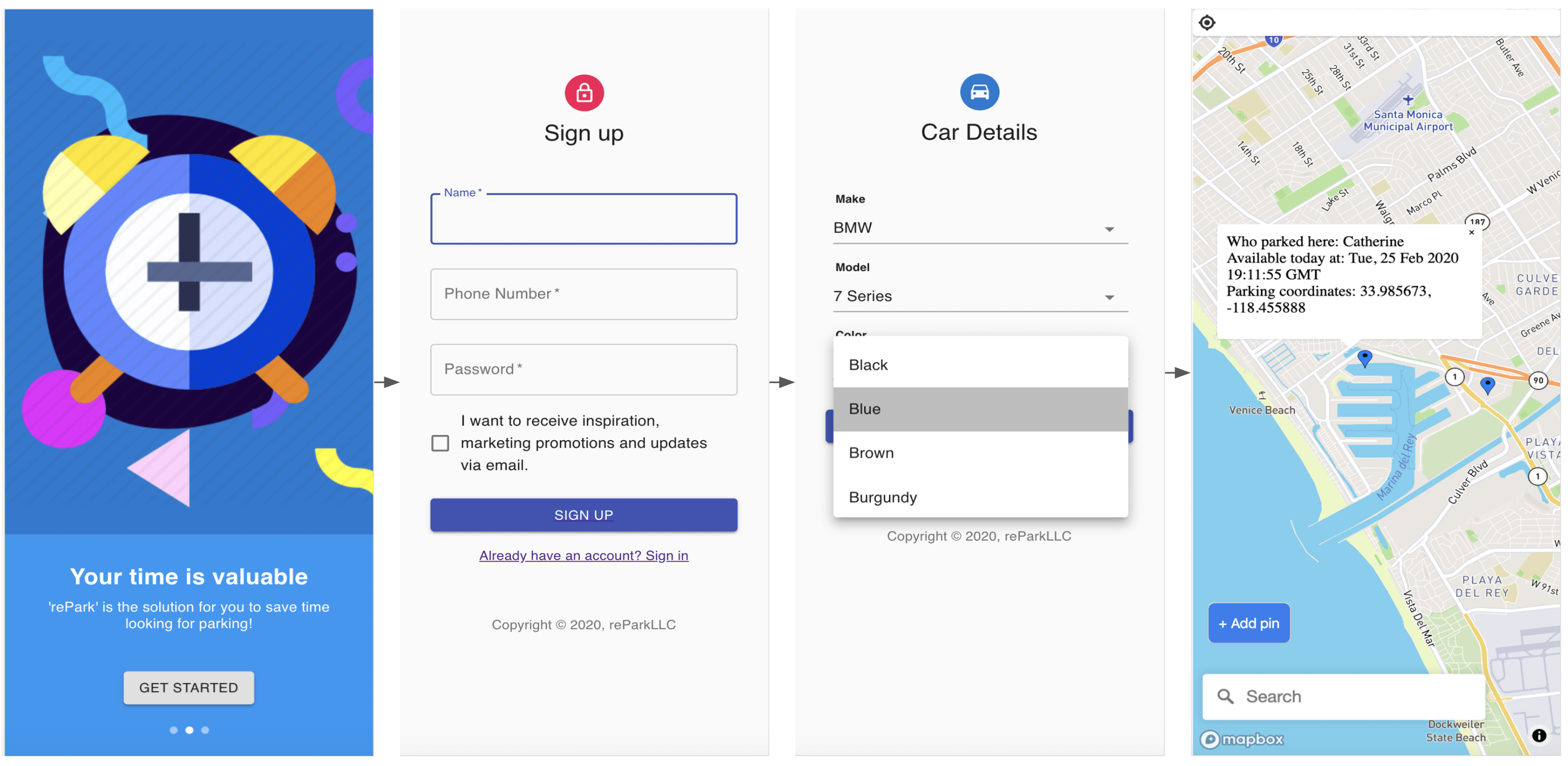 mobile screens of sign up page, car information page, and map with a popup containing information of a parking spot