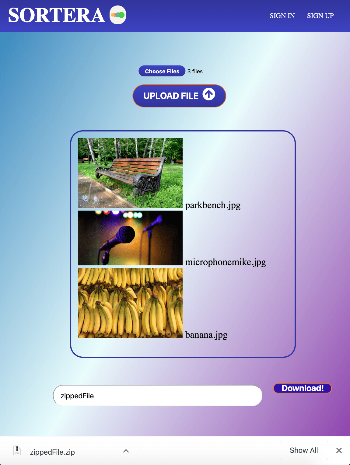 web page with buttons for users to upload and download file with renamed images like parkbench.jpg, microphonemike.jpg, and banana.jpg