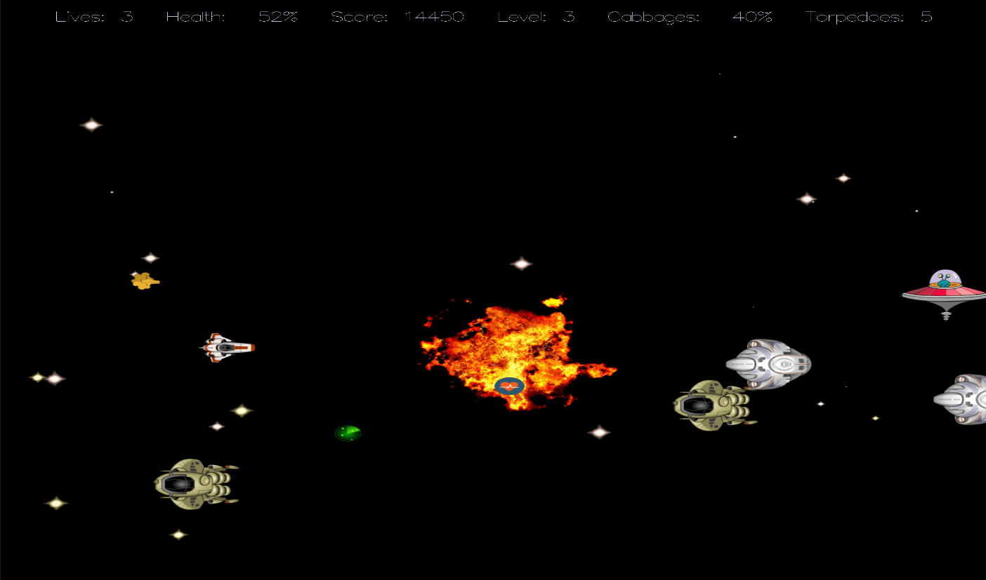 dark computer screen with space ships, weapons, and explosions