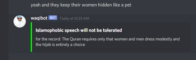 screenshot of the Discord bot responding to Islamophobic hate speech